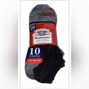 Budweiser Beer No Show Socks 10 Pair Men’s 6-12 Black Gray Red w Logos Light Bud